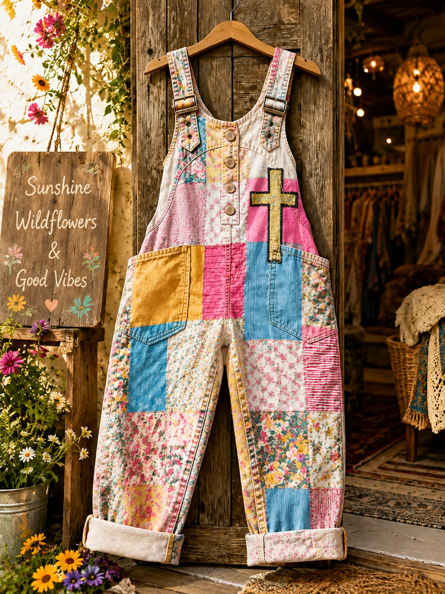 Women's Retro Style Art Print Washed Cotton Denim Patchwork Jumpsuit